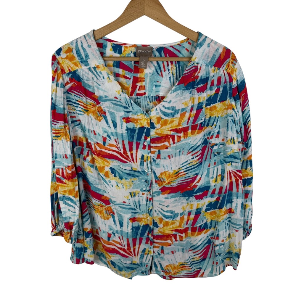 Chicos Tropical Abstract Button Front Blouse Size 2 Large Colorful Coastal Artsy